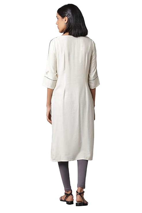 W for Woman Rayon Women Ecru Straight Printed Kurta