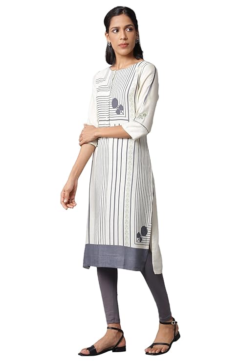 W for Woman Rayon Women Ecru Straight Printed Kurta