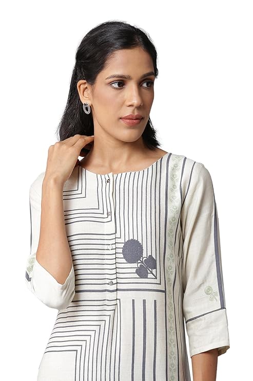 W for Woman Rayon Women Ecru Straight Printed Kurta
