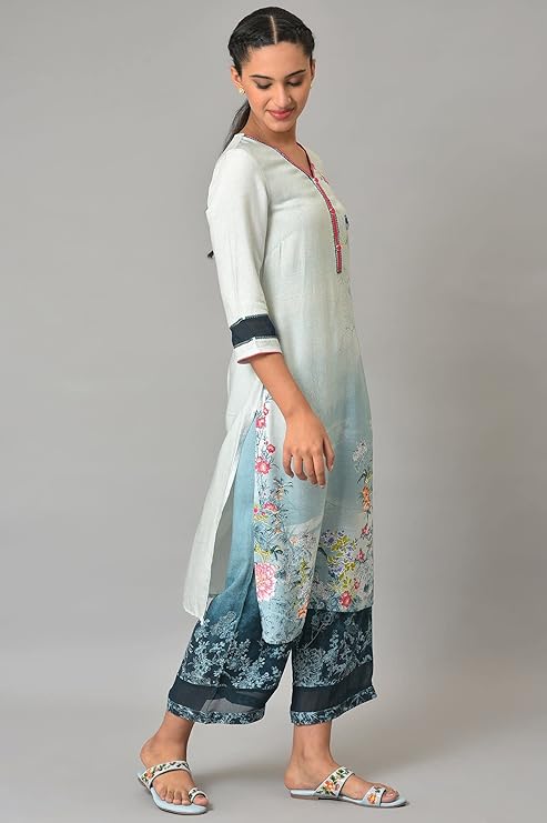 Aurelia Woman Rayon Twill Straight Floral Printed Blue Kurta and Pants Set | Floral Printed Summer Kurta and Culottes Set For Women