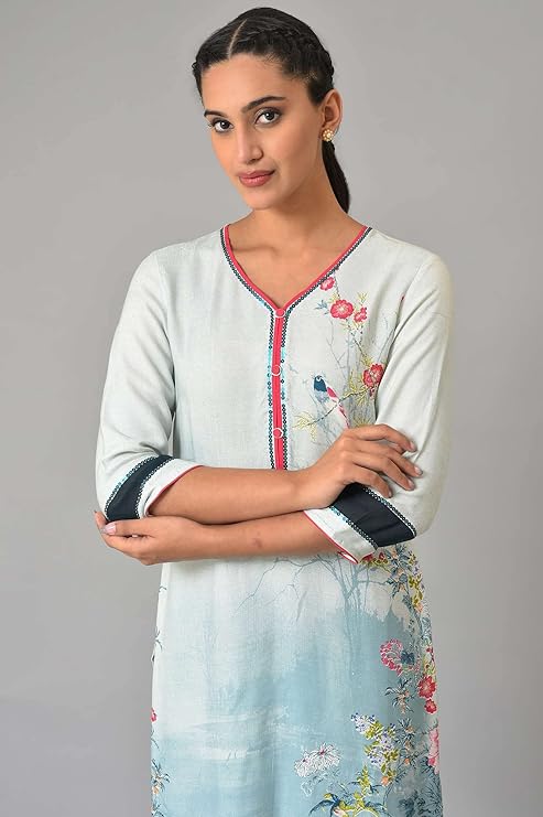 Aurelia Woman Rayon Twill Straight Floral Printed Blue Kurta and Pants Set | Floral Printed Summer Kurta and Culottes Set For Women