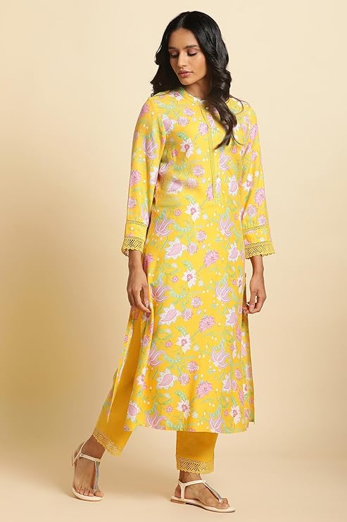 W for Woman Floral Print Rayon Kurta With Straight Pant for Women