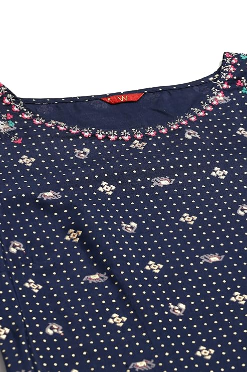 W for Woman Women Polyester Navy Blue Printed A-Line Kurta with Embroidery