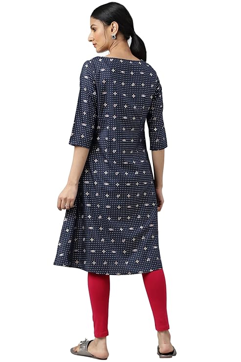 W for Woman Women Polyester Navy Blue Printed A-Line Kurta with Embroidery