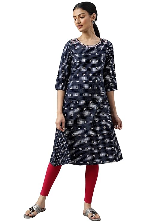 W for Woman Women Polyester Navy Blue Printed A-Line Kurta with Embroidery