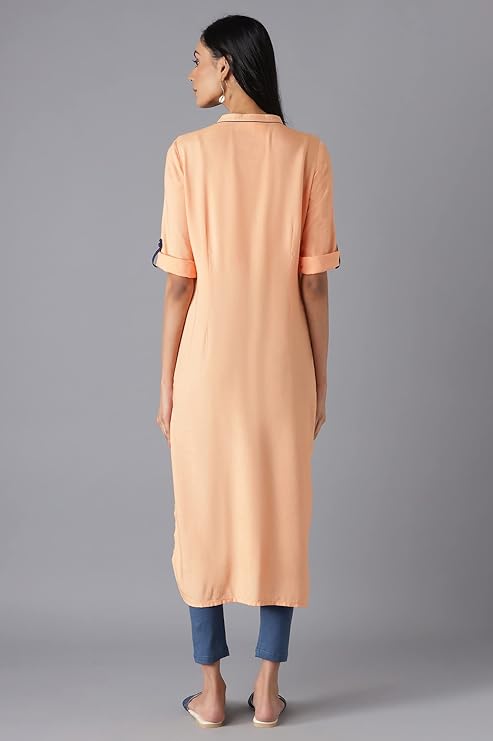 Aurelia Women's Viscose Apricot Wash Geometric Mandarin Collar Straight Kurta