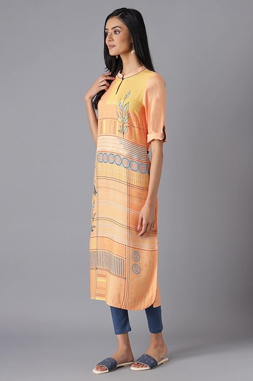 Aurelia Women's Viscose Apricot Wash Geometric Mandarin Collar Straight Kurta