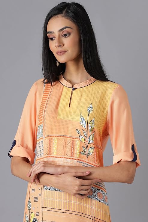 Aurelia Women's Viscose Apricot Wash Geometric Mandarin Collar Straight Kurta