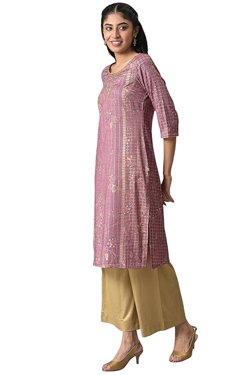 Aurelia Women's Rayon Floral Regular Purple Sequined and Foil Printed Kurta