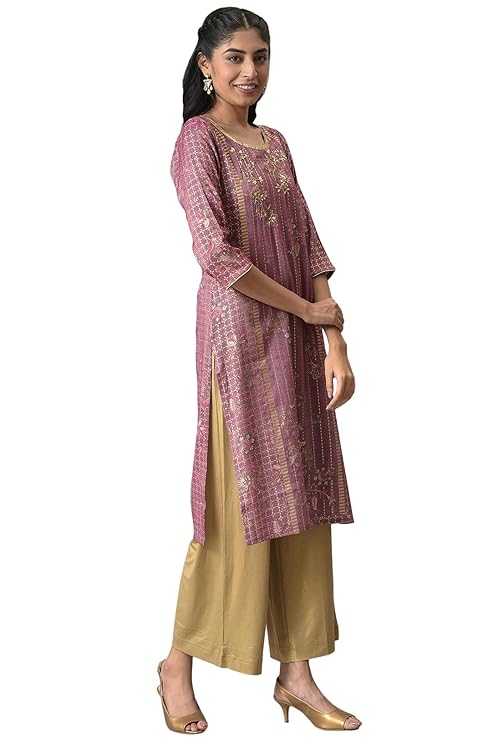 Aurelia Women's Rayon Floral Regular Purple Sequined and Foil Printed Kurta