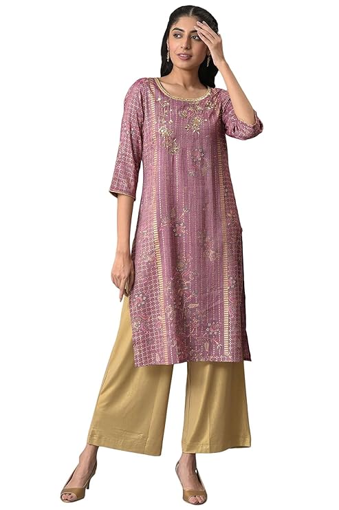 Aurelia Women's Rayon Floral Regular Purple Sequined and Foil Printed Kurta