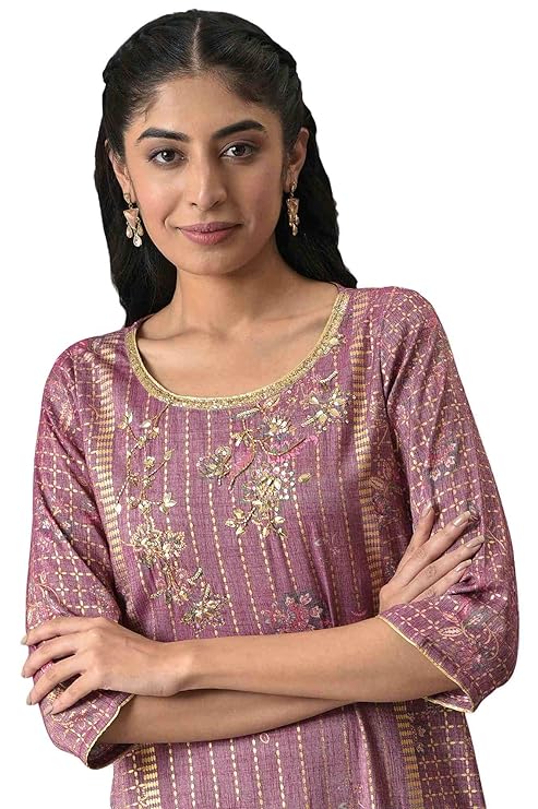 Aurelia Women's Rayon Floral Regular Purple Sequined and Foil Printed Kurta