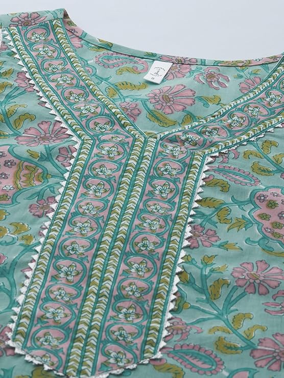 Yuris Women Green Peach-Coloured Printed Kurta with Palazzos Dupatta