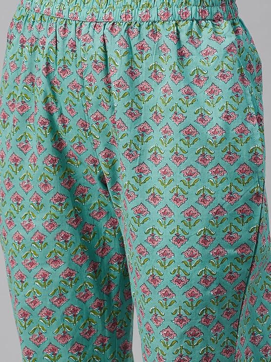 Yuris Women Green Peach-Coloured Printed Kurta with Palazzos Dupatta