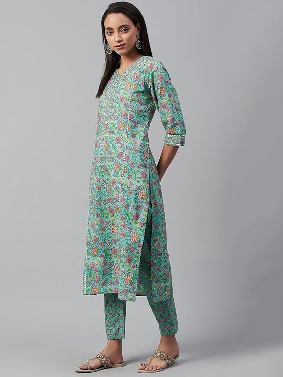 Yuris Women Green Peach-Coloured Printed Kurta with Palazzos Dupatta