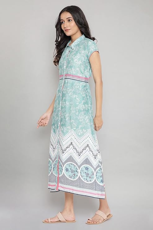 Aurelia Women's Polyester Ocean Wave Green Breezy Dress below The Knee