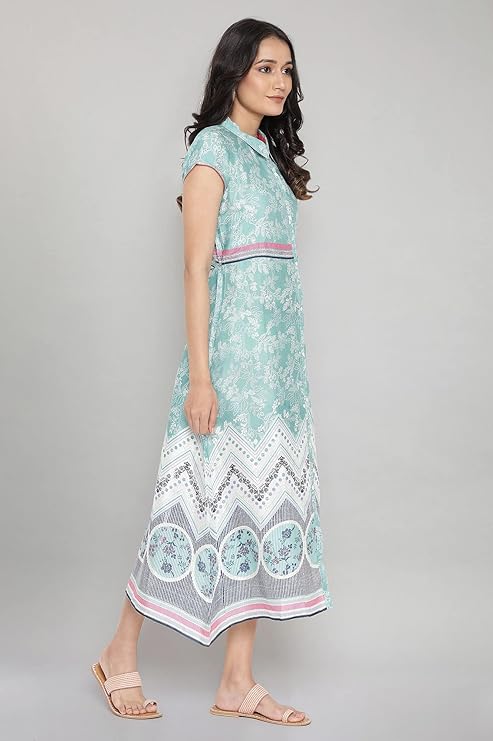 Aurelia Women's Polyester Ocean Wave Green Breezy Dress below The Knee