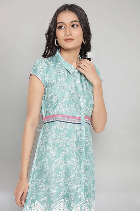Aurelia Women's Polyester Ocean Wave Green Breezy Dress below The Knee