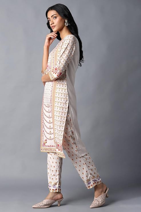 W for Woman Women Polyester Round Neck Regular Kurta with Multicoloured Floral Print