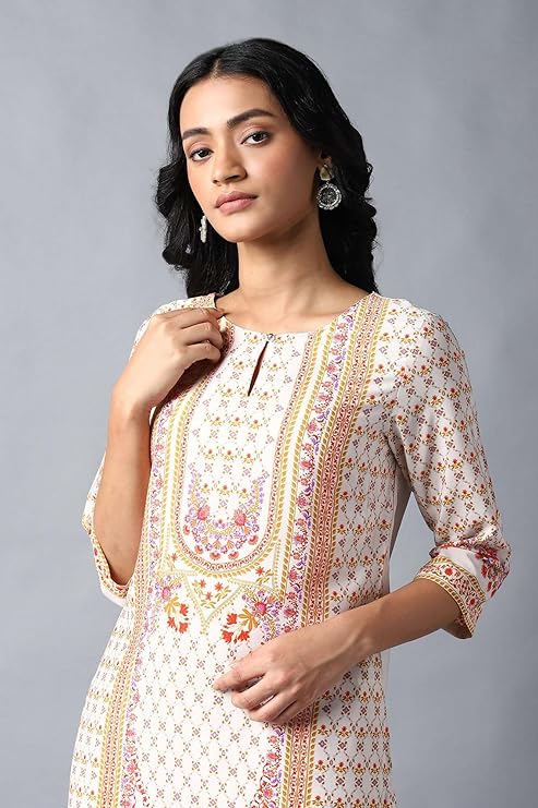 W for Woman Women Polyester Round Neck Regular Kurta with Multicoloured Floral Print