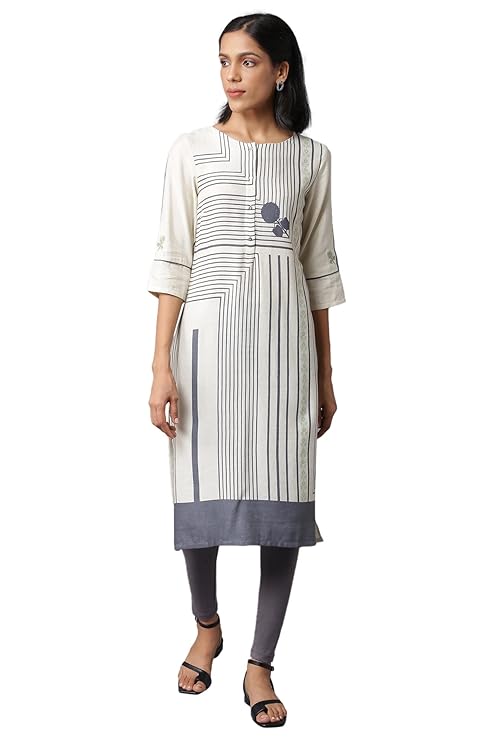 W for Woman Rayon Women Ecru Straight Printed Kurta