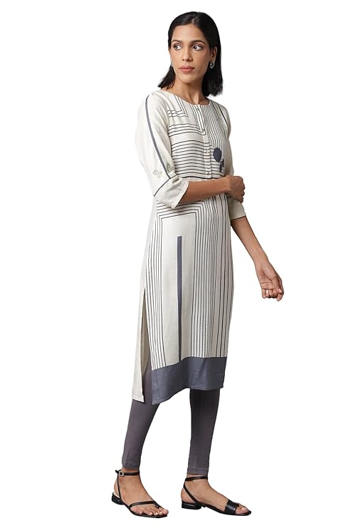 W for Woman Rayon Women Ecru Straight Printed Kurta