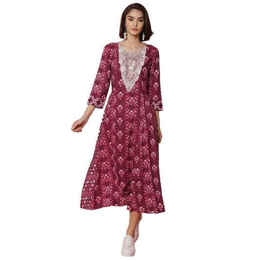 BIBA Women Rayon Flared Lace Printed Ankle-Length Dress