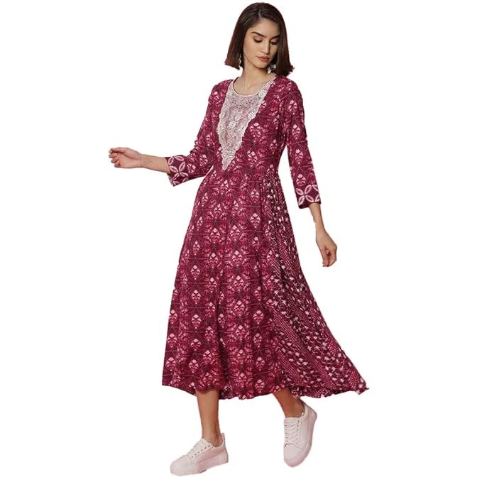 BIBA Women Rayon Flared Lace Printed Ankle-Length Dress