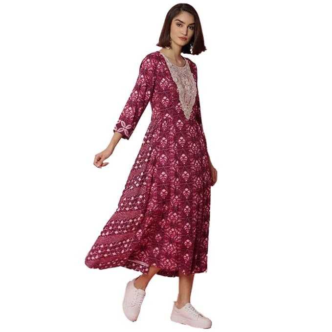 BIBA Women Rayon Flared Lace Printed Ankle-Length Dress