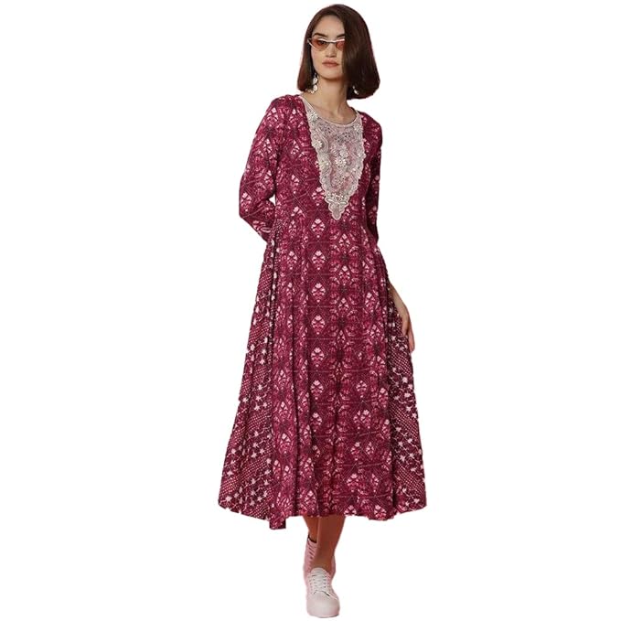 BIBA Women Rayon Flared Lace Printed Ankle-Length Dress