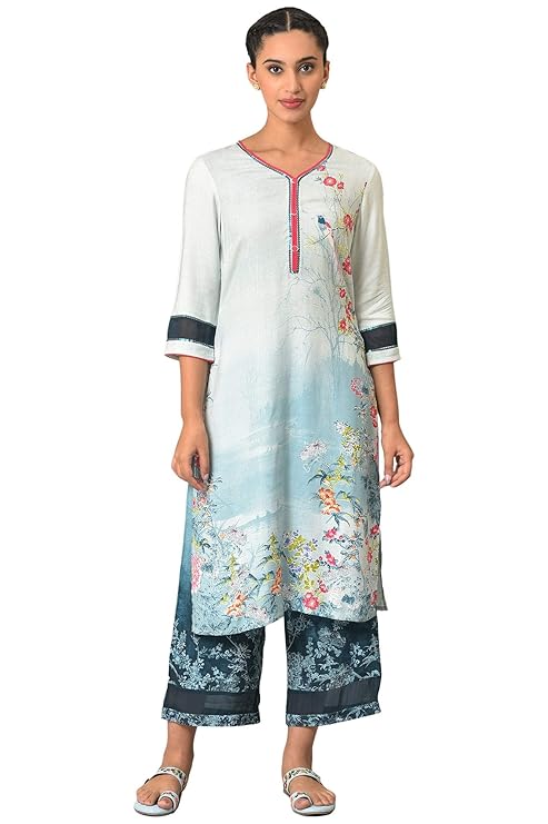 Aurelia Woman Rayon Twill Straight Floral Printed Blue Kurta and Pants Set | Floral Printed Summer Kurta and Culottes Set For Women