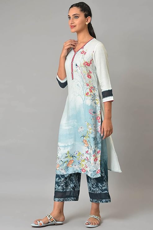 Aurelia Woman Rayon Twill Straight Floral Printed Blue Kurta and Pants Set | Floral Printed Summer Kurta and Culottes Set For Women