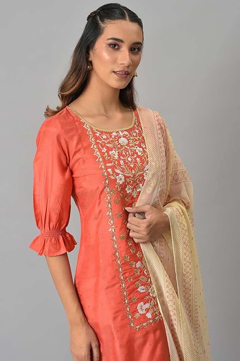 Aurelia Women's Floral Print Silk Kurta Set with Palazzo & Dupatta