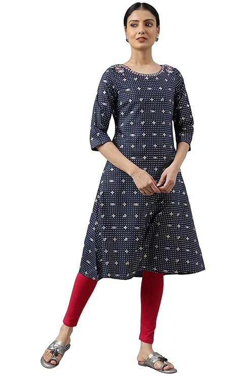W for Woman Women Polyester Navy Blue Printed A-Line Kurta with Embroidery