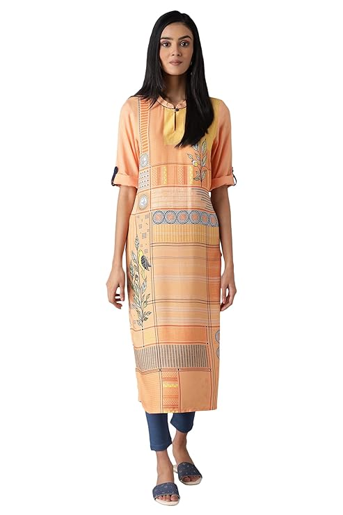 Aurelia Women's Viscose Apricot Wash Geometric Mandarin Collar Straight Kurta