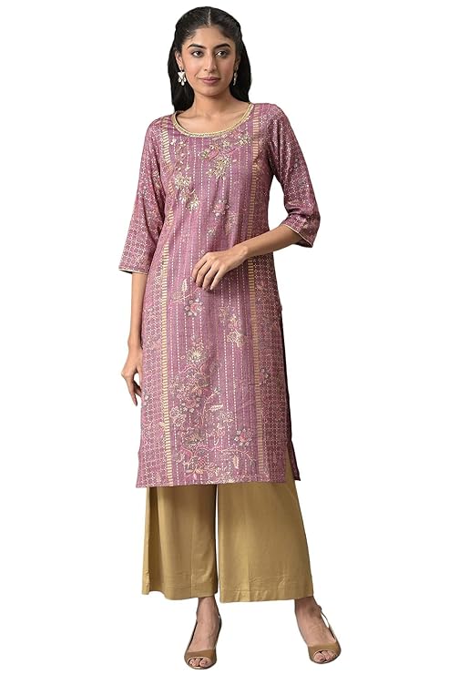 Aurelia Women's Rayon Floral Regular Purple Sequined and Foil Printed Kurta