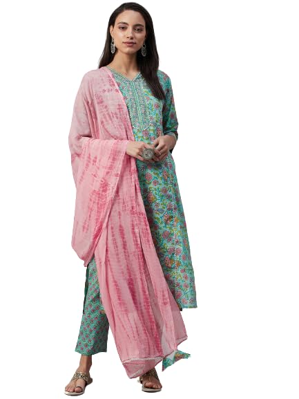 Yuris Women Green Peach-Coloured Printed Kurta with Palazzos Dupatta