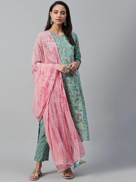Yuris Women Green Peach-Coloured Printed Kurta with Palazzos Dupatta