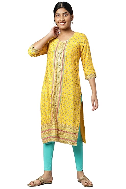 Aurelia Women Yellow Rayon Floral Printed Straight Kurta