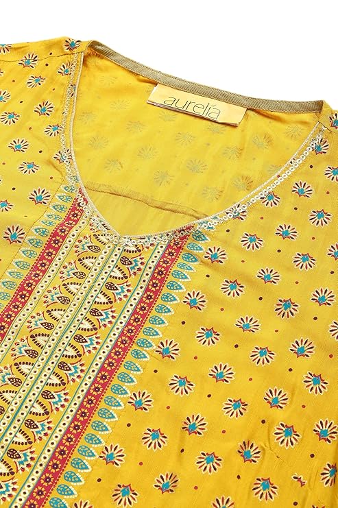 Aurelia Women Yellow Rayon Floral Printed Straight Kurta