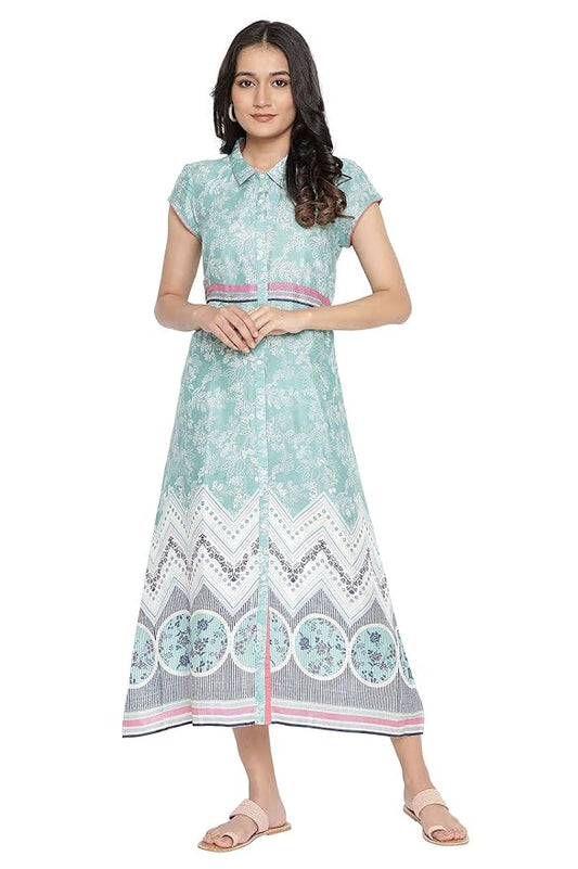Aurelia Women's Polyester Ocean Wave Green Breezy Dress below The Knee