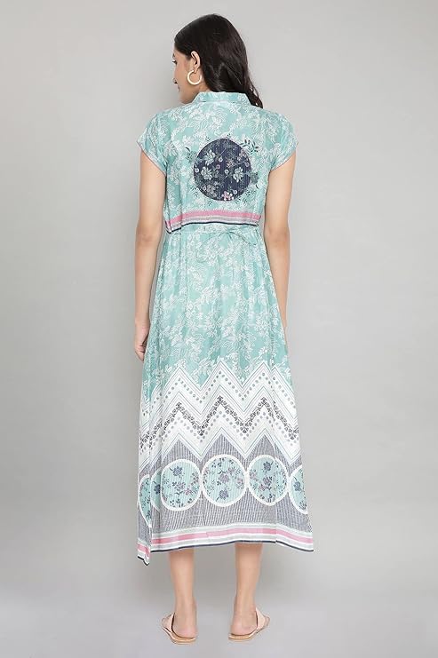 Aurelia Women's Polyester Ocean Wave Green Breezy Dress below The Knee