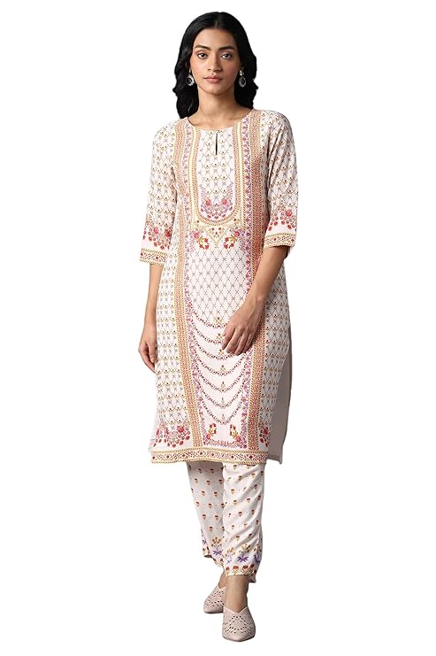 W for Woman Women Polyester Round Neck Regular Kurta with Multicoloured Floral Print