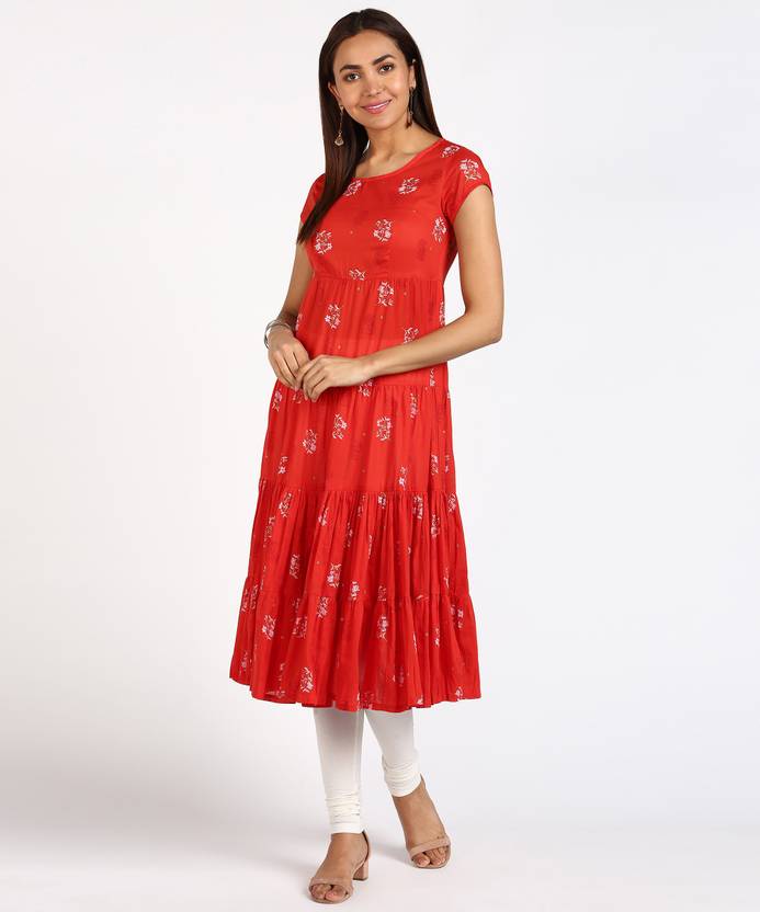 Women Floral Print Pure Cotton Straight Kurta  (Red)