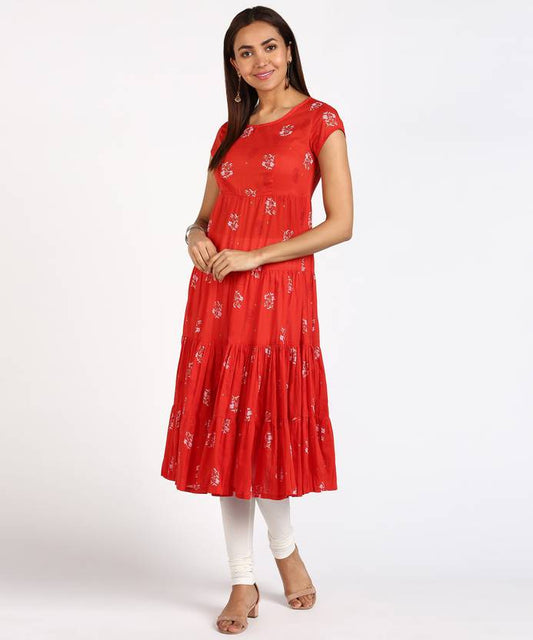 Women Floral Print Pure Cotton Straight Kurta  (Red)