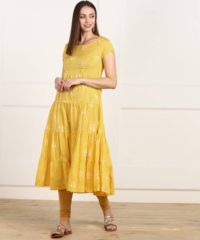 Women Floral Print Cotton Blend Straight Kurta  (Yellow)