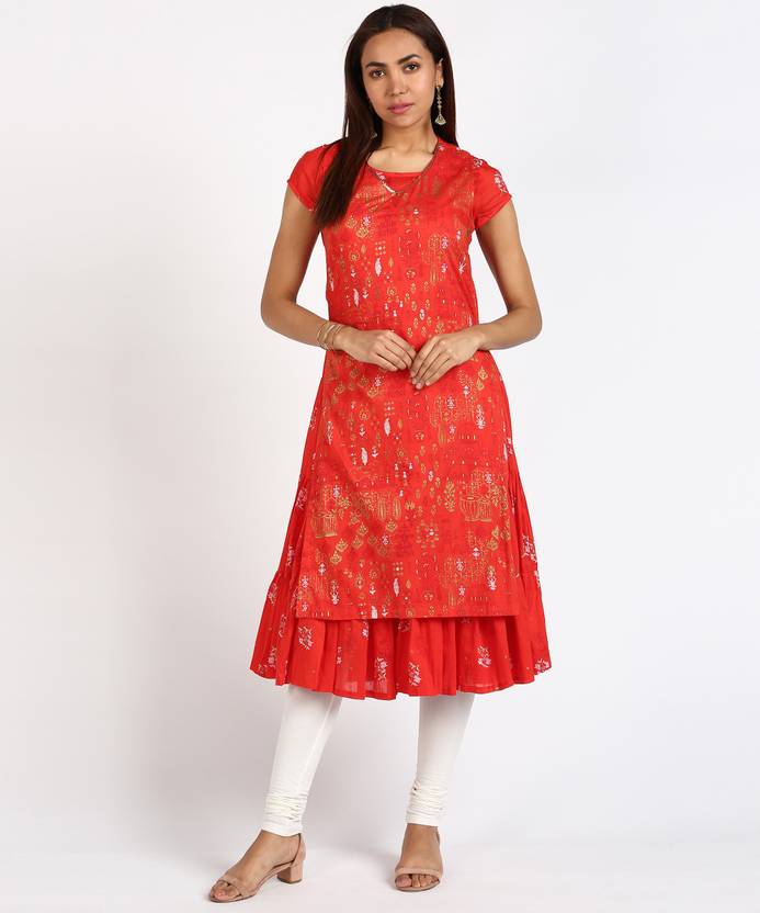 Women Floral Print Pure Cotton Straight Kurta  (Red)