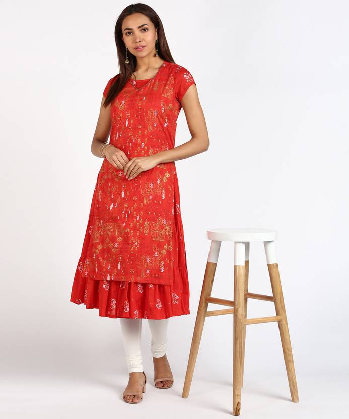 Women Floral Print Pure Cotton Straight Kurta  (Red)
